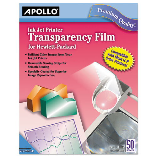 Apollo® wholesale. Quick-dry Color Inkjet Transparency Film W-handling Strip, Letter, Clear, 50-box. HSD Wholesale: Janitorial Supplies, Breakroom Supplies, Office Supplies.