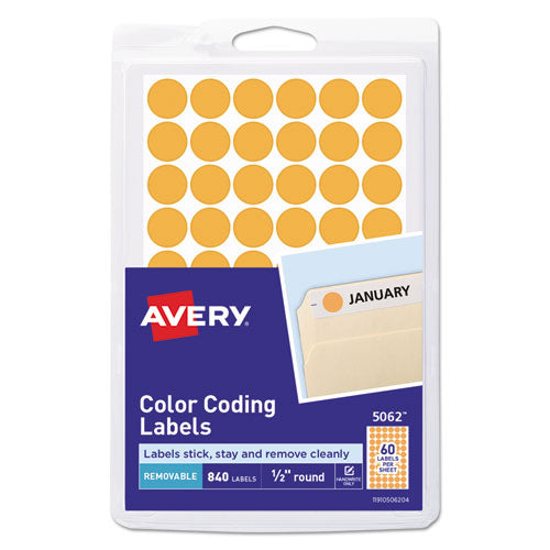 Avery® wholesale. AVERY Handwrite Only Self-adhesive Removable Round Color-coding Labels, 0.5" Dia., Neon Orange, 60-sheet, 14 Sheets-pack, (5062). HSD Wholesale: Janitorial Supplies, Breakroom Supplies, Office Supplies.