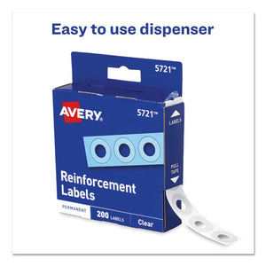 Avery® wholesale. AVERY Dispenser Pack Hole Reinforcements, 1-4" Dia, Clear, 200-pack, (5721). HSD Wholesale: Janitorial Supplies, Breakroom Supplies, Office Supplies.