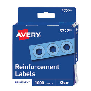 Avery® wholesale. AVERY Dispenser Pack Hole Reinforcements, 1-4" Dia, Clear, 1000-pack, (5722). HSD Wholesale: Janitorial Supplies, Breakroom Supplies, Office Supplies.
