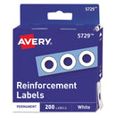 Avery® wholesale. AVERY Dispenser Pack Hole Reinforcements, 1-4" Dia, White, 200-pack, (5729). HSD Wholesale: Janitorial Supplies, Breakroom Supplies, Office Supplies.