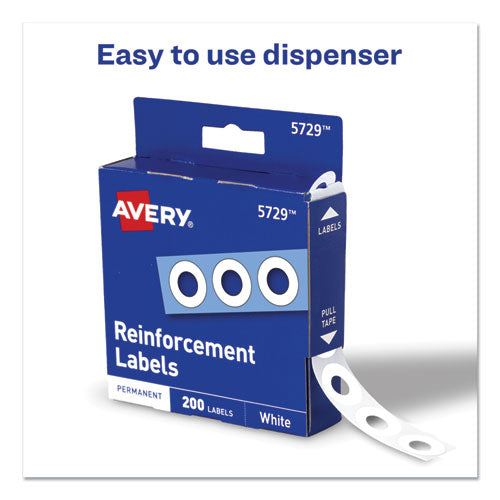 Avery® wholesale. AVERY Dispenser Pack Hole Reinforcements, 1-4" Dia, White, 200-pack, (5729). HSD Wholesale: Janitorial Supplies, Breakroom Supplies, Office Supplies.