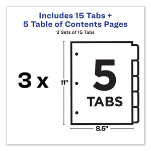 Avery® wholesale. AVERY Customizable Table Of Contents Ready Index Dividers With Multicolor Tabs, 5-tab, 1 To 5, 11 X 8.5, White, 3 Sets. HSD Wholesale: Janitorial Supplies, Breakroom Supplies, Office Supplies.