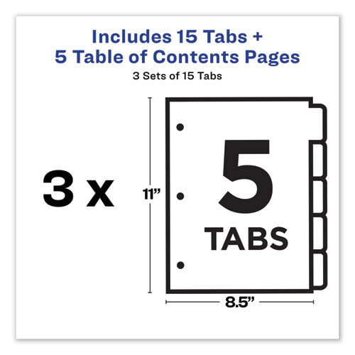 Avery® wholesale. AVERY Customizable Table Of Contents Ready Index Dividers With Multicolor Tabs, 5-tab, 1 To 5, 11 X 8.5, White, 3 Sets. HSD Wholesale: Janitorial Supplies, Breakroom Supplies, Office Supplies.