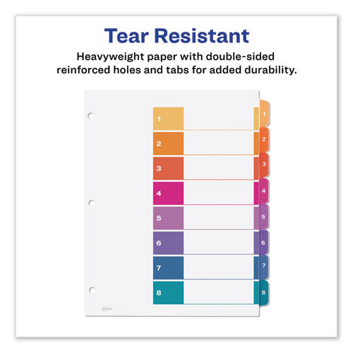 Avery® wholesale. AVERY Customizable Table Of Contents Ready Index Dividers With Multicolor Tabs, 8-tab, 1 To 8, 11 X 8.5, White, 3 Sets. HSD Wholesale: Janitorial Supplies, Breakroom Supplies, Office Supplies.
