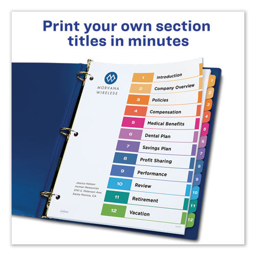 Avery® wholesale. AVERY Customizable Table Of Contents Ready Index Dividers With Multicolor Tabs, 12-tab, 1 To 12, 11 X 8.5, White, 3 Sets. HSD Wholesale: Janitorial Supplies, Breakroom Supplies, Office Supplies.