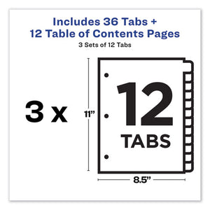 Avery® wholesale. AVERY Customizable Table Of Contents Ready Index Dividers With Multicolor Tabs, 12-tab, 1 To 12, 11 X 8.5, White, 3 Sets. HSD Wholesale: Janitorial Supplies, Breakroom Supplies, Office Supplies.