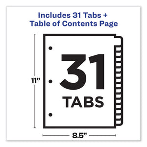 Avery® wholesale. AVERY Customizable Table Of Contents Ready Index Dividers With Multicolor Tabs, 31-tab, 1 To 31, 11 X 8.5, White, 1 Set. HSD Wholesale: Janitorial Supplies, Breakroom Supplies, Office Supplies.