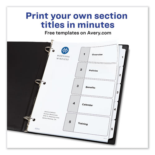Avery® wholesale. AVERY Customizable Toc Ready Index Black And White Dividers, 5-tab, Letter. HSD Wholesale: Janitorial Supplies, Breakroom Supplies, Office Supplies.