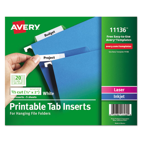 Avery® wholesale. AVERY Tabs Inserts For Hanging File Folders, 1-5-cut Tabs, White, 2