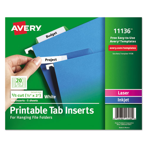 Avery® wholesale. AVERY Tabs Inserts For Hanging File Folders, 1-5-cut Tabs, White, 2" Wide, 100-pack. HSD Wholesale: Janitorial Supplies, Breakroom Supplies, Office Supplies.