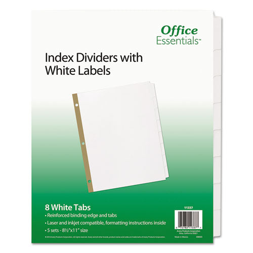 Office Essentials™ wholesale. Index Dividers With White Labels, 8-tab, 11 X 8.5, White, 5 Sets. HSD Wholesale: Janitorial Supplies, Breakroom Supplies, Office Supplies.