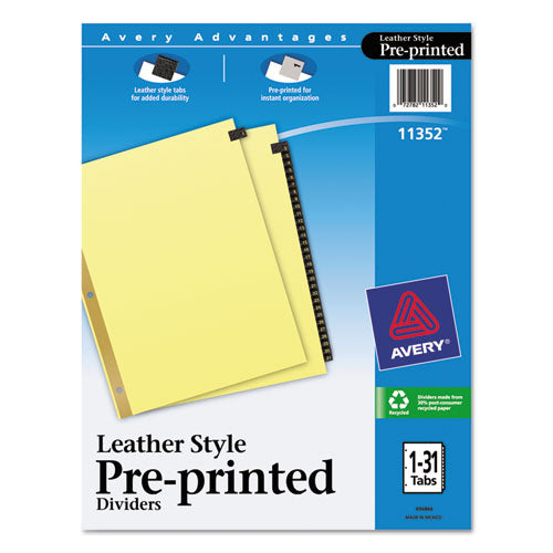 Avery® wholesale. AVERY Preprinted Black Leather Tab Dividers W-gold Reinforced Edge, 31-tab, Ltr. HSD Wholesale: Janitorial Supplies, Breakroom Supplies, Office Supplies.