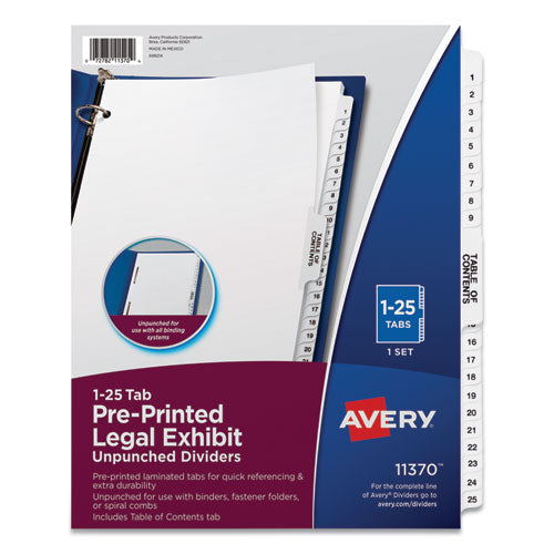 Avery® wholesale. AVERY Preprinted Legal Exhibit Side Tab Index Dividers, Avery Style, 25-tab, 1 To 25, 11 X 8.5, White, 1 Set. HSD Wholesale: Janitorial Supplies, Breakroom Supplies, Office Supplies.