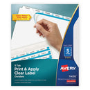 Avery® wholesale. AVERY Print And Apply Index Maker Clear Label Dividers, 5 White Tabs, Letter, 5 Sets. HSD Wholesale: Janitorial Supplies, Breakroom Supplies, Office Supplies.