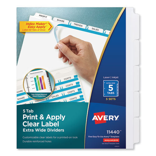 Avery® wholesale. AVERY Print And Apply Index Maker Clear Label Dividers, 5 White Tabs, Letter, 5 Sets. HSD Wholesale: Janitorial Supplies, Breakroom Supplies, Office Supplies.