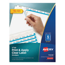 Avery® wholesale. AVERY Print And Apply Index Maker Clear Label Dividers, 5 White Tabs, Letter, 25 Sets. HSD Wholesale: Janitorial Supplies, Breakroom Supplies, Office Supplies.