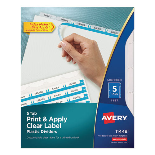 Avery® wholesale. AVERY Print And Apply Index Maker Clear Label Plastic Dividers With Printable Label Strip, 5-tab, 11 X 8.5, Translucent, 1 Set. HSD Wholesale: Janitorial Supplies, Breakroom Supplies, Office Supplies.