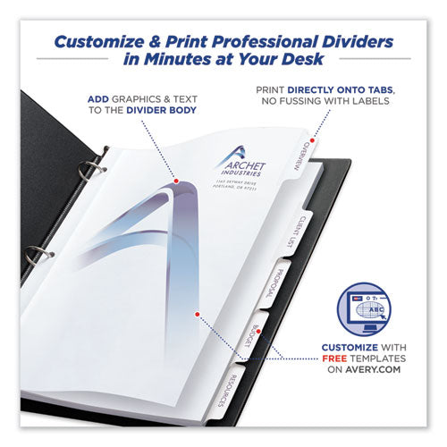 Avery® wholesale. AVERY Customizable Print-on Dividers, 5-tab, Letter. HSD Wholesale: Janitorial Supplies, Breakroom Supplies, Office Supplies.