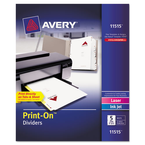 Avery® wholesale. AVERY Customizable Print-on Dividers, 5-tab, Letter, 5 Sets. HSD Wholesale: Janitorial Supplies, Breakroom Supplies, Office Supplies.