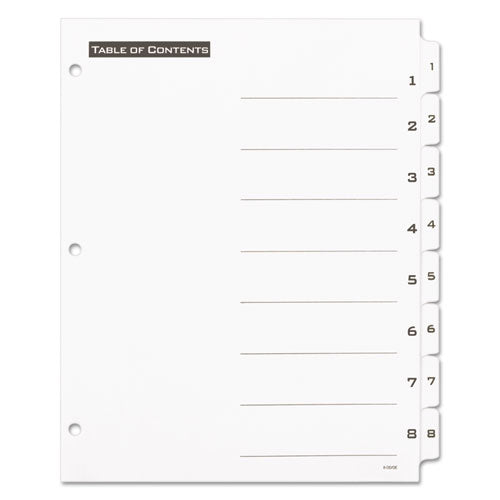 Office Essentials™ wholesale. Table 'n Tabs Dividers, 8-tab, 1 To 8, 11 X 8.5, White, 1 Set. HSD Wholesale: Janitorial Supplies, Breakroom Supplies, Office Supplies.