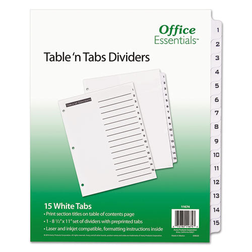 Office Essentials™ wholesale. Table 'n Tabs Dividers, 15-tab, 1 To 15, 11 X 8.5, White, 1 Set. HSD Wholesale: Janitorial Supplies, Breakroom Supplies, Office Supplies.