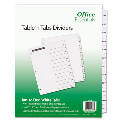 Office Essentials™ wholesale. Table 'n Tabs Dividers, 12-tab, Jan. To Dec., 11 X 8.5, White, 1 Set. HSD Wholesale: Janitorial Supplies, Breakroom Supplies, Office Supplies.