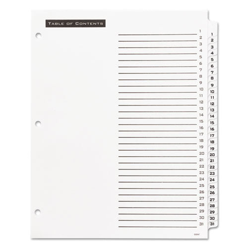 Office Essentials™ wholesale. Table 'n Tabs Dividers, 31-tab, 1 To 31, 11 X 8.5, White, 1 Set. HSD Wholesale: Janitorial Supplies, Breakroom Supplies, Office Supplies.