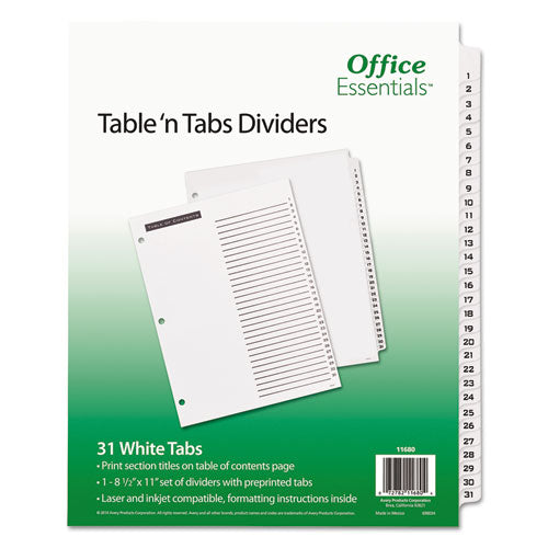 Office Essentials™ wholesale. Table 'n Tabs Dividers, 31-tab, 1 To 31, 11 X 8.5, White, 1 Set. HSD Wholesale: Janitorial Supplies, Breakroom Supplies, Office Supplies.