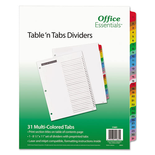 Office Essentials™ wholesale. Table 'n Tabs Dividers, 31-tab, 1 To 31, 11 X 8.5, White, 1 Set. HSD Wholesale: Janitorial Supplies, Breakroom Supplies, Office Supplies.