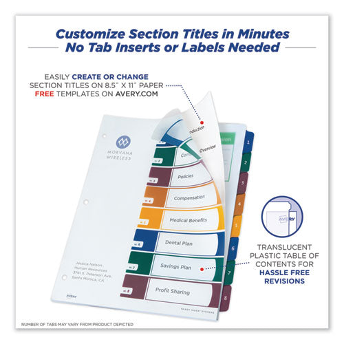 Avery® wholesale. AVERY Customizable Table Of Contents Ready Index Dividers With Multicolor Tabs, 8-tab, 1 To 8, 11 X 8.5, Translucent, 1 Set. HSD Wholesale: Janitorial Supplies, Breakroom Supplies, Office Supplies.