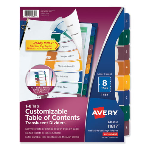 Avery® wholesale. AVERY Customizable Table Of Contents Ready Index Dividers With Multicolor Tabs, 8-tab, 1 To 8, 11 X 8.5, Translucent, 1 Set. HSD Wholesale: Janitorial Supplies, Breakroom Supplies, Office Supplies.