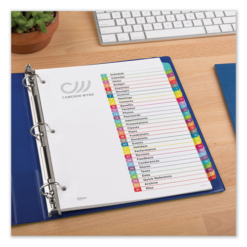 Avery® wholesale. AVERY Customizable Toc Ready Index Multicolor Dividers, 1-31, Letter. HSD Wholesale: Janitorial Supplies, Breakroom Supplies, Office Supplies.