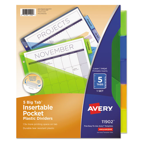 Avery® wholesale. AVERY Insertable Big Tab Plastic 1-pocket Dividers, 5-tab, 11.13 X 9.25, Assorted, 1 Set. HSD Wholesale: Janitorial Supplies, Breakroom Supplies, Office Supplies.