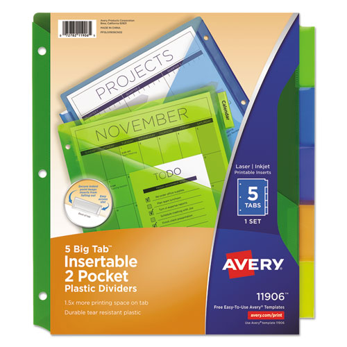 Avery® wholesale. AVERY Insertable Big Tab Plastic 2-pocket Dividers, 5-tab, 11.13 X 9.25, Assorted, 1 Set. HSD Wholesale: Janitorial Supplies, Breakroom Supplies, Office Supplies.