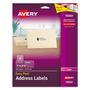 Avery® wholesale. AVERY Matte Clear Easy Peel Mailing Labels W- Sure Feed Technology, Laser Printers, 1 X 2.63, Clear, 30-sheet, 10 Sheets-pack. HSD Wholesale: Janitorial Supplies, Breakroom Supplies, Office Supplies.