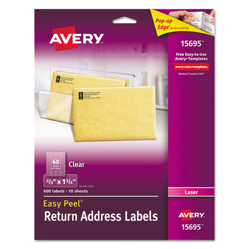 Avery® wholesale. AVERY Matte Clear Easy Peel Mailing Labels W- Sure Feed Technology, Laser Printers, 0.66 X 1.75, Clear, 60-sheet, 10 Sheets-pack. HSD Wholesale: Janitorial Supplies, Breakroom Supplies, Office Supplies.