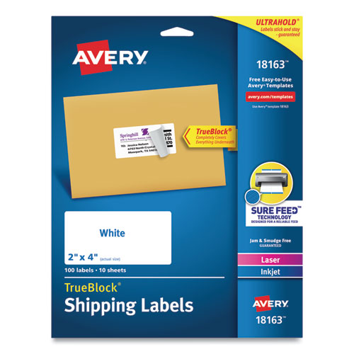 Avery® wholesale. AVERY Shipping Labels W- Trueblock Technology, Inkjet Printers, 2 X 4, White, 10-sheet, 10 Sheets-pack. HSD Wholesale: Janitorial Supplies, Breakroom Supplies, Office Supplies.