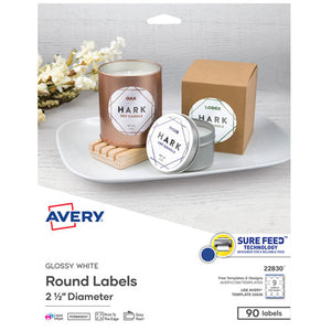 Avery® wholesale. AVERY Round Print-to-the Edge Labels With Surefeed, 2.5" Dia, Glossy White, 90-pk. HSD Wholesale: Janitorial Supplies, Breakroom Supplies, Office Supplies.