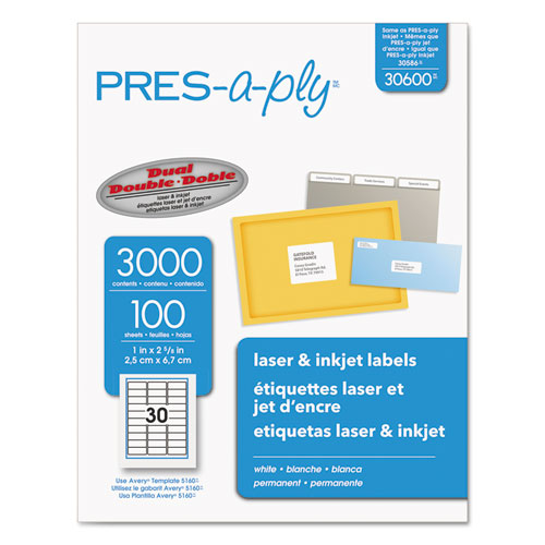 PRES-a-ply® wholesale. Labels, Laser Printers, 1 X 2.63, White, 30-sheet, 100 Sheets-box. HSD Wholesale: Janitorial Supplies, Breakroom Supplies, Office Supplies.