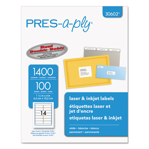 PRES-a-ply® wholesale. Labels, Laser Printers, 1.33 X 4, White, 14-sheet, 100 Sheets-box. HSD Wholesale: Janitorial Supplies, Breakroom Supplies, Office Supplies.