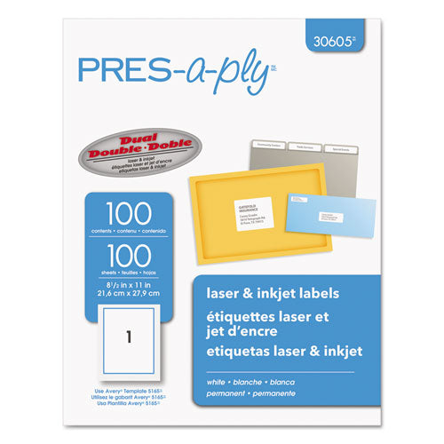 PRES-a-ply® wholesale. Labels, Laser Printers, 8.5 X 11, White, 100-box. HSD Wholesale: Janitorial Supplies, Breakroom Supplies, Office Supplies.