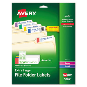 Avery® wholesale. AVERY Extra-large Trueblock File Folder Labels With Sure Feed Technology, 0.94 X 3.44, White, 18-sheet, 25 Sheets-pack. HSD Wholesale: Janitorial Supplies, Breakroom Supplies, Office Supplies.