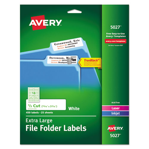 Avery® wholesale. AVERY Extra-large Trueblock File Folder Labels With Sure Feed Technology, 0.94 X 3.44, White, 18-sheet, 25 Sheets-pack. HSD Wholesale: Janitorial Supplies, Breakroom Supplies, Office Supplies.