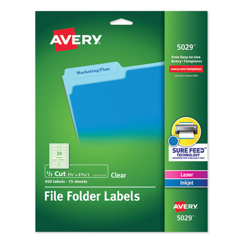 Avery® wholesale. AVERY Clear Permanent File Folder Labels With Sure Feed Technology, 0.66 X 3.44, Clear, 30-sheet, 15 Sheets-pack. HSD Wholesale: Janitorial Supplies, Breakroom Supplies, Office Supplies.