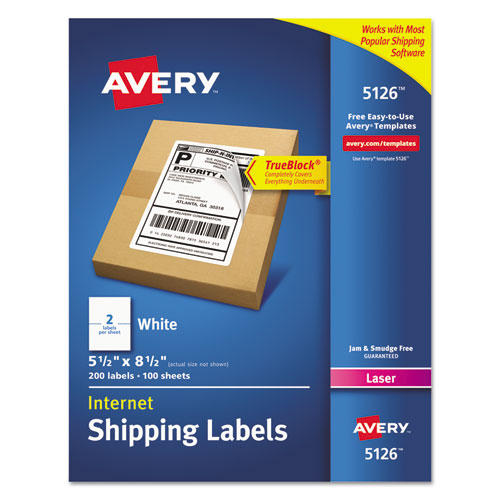 Avery® wholesale. AVERY Shipping Labels W- Trueblock Technology, Laser Printers, 5.5 X 8.5, White, 2-sheet, 100 Sheets-box. HSD Wholesale: Janitorial Supplies, Breakroom Supplies, Office Supplies.