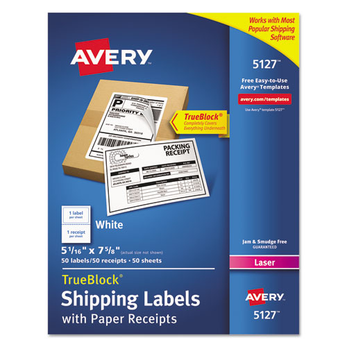 Avery® wholesale. AVERY Shipping Labels With Paper Receipt And Trueblock Technology, Inkjet-laser Printers, 5.06 X 7.63, White, 50-pack. HSD Wholesale: Janitorial Supplies, Breakroom Supplies, Office Supplies.