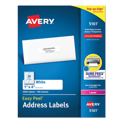 Avery® wholesale. AVERY Easy Peel White Address Labels W- Sure Feed Technology, Laser Printers, 1 X 4, White, 20-sheet, 100 Sheets-box. HSD Wholesale: Janitorial Supplies, Breakroom Supplies, Office Supplies.