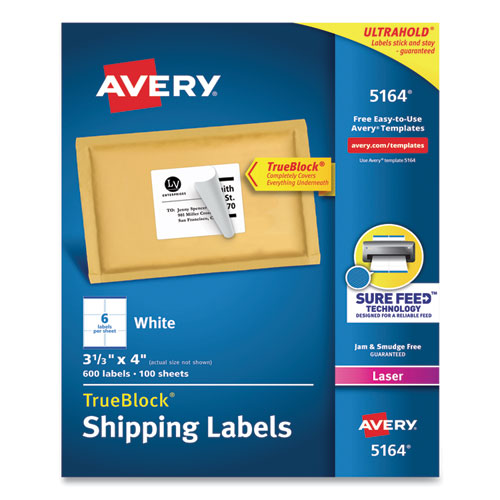 Avery® wholesale. AVERY Shipping Labels W- Trueblock Technology, Laser Printers, 3.33 X 4, White, 6-sheet, 100 Sheets-box. HSD Wholesale: Janitorial Supplies, Breakroom Supplies, Office Supplies.