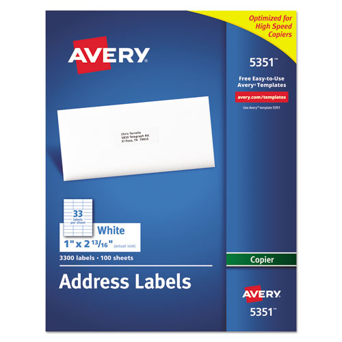 Avery® wholesale. AVERY Copier Mailing Labels, Copiers, 1 X 2.81, White, 33-sheet, 100 Sheets-box. HSD Wholesale: Janitorial Supplies, Breakroom Supplies, Office Supplies.